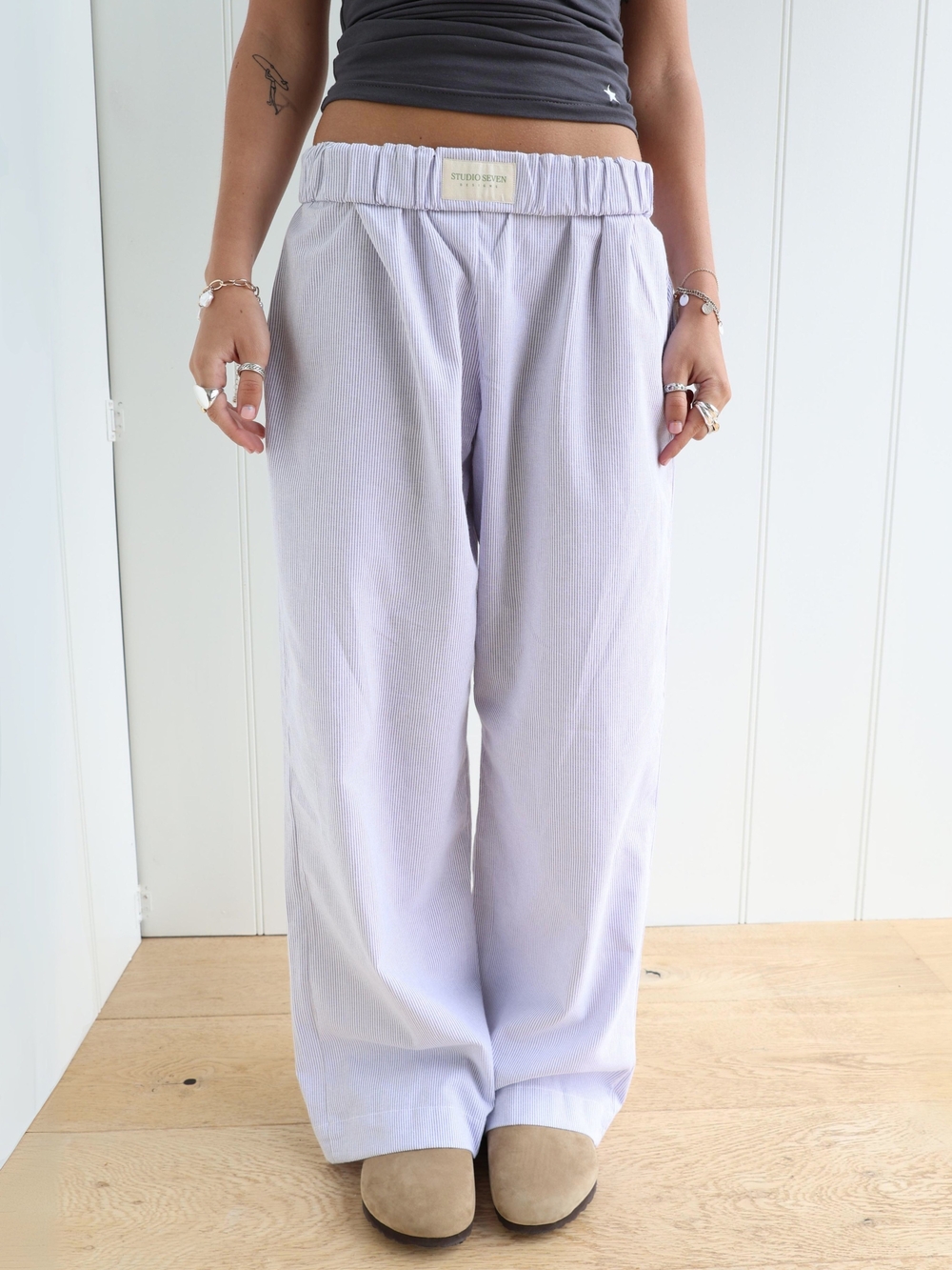 Studio Seven Designs Blue Stripe Poplin Cotton Foldover Lila Lounge Pants SM